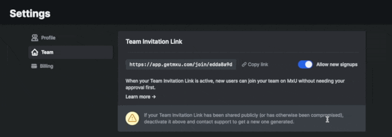 Team Invitation link toggle animation